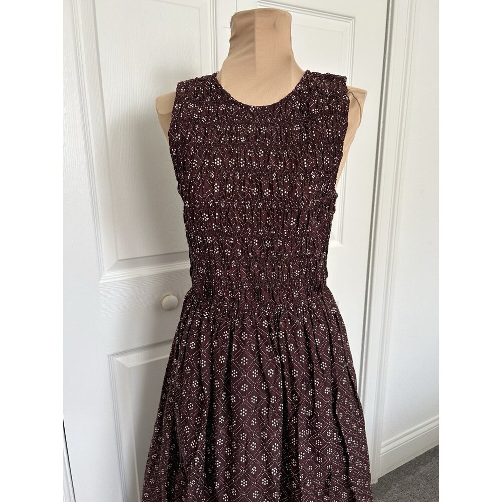 Madewell $158 Selena Midi Dress Smocked Daisy Print Plum Purple Pockets Size L - Picture 4 of 10